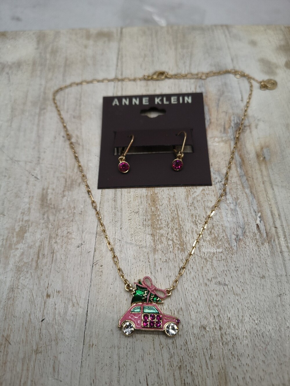 Anne Klein Goldtone Christmas Car With Tree Necklace & Earring Set